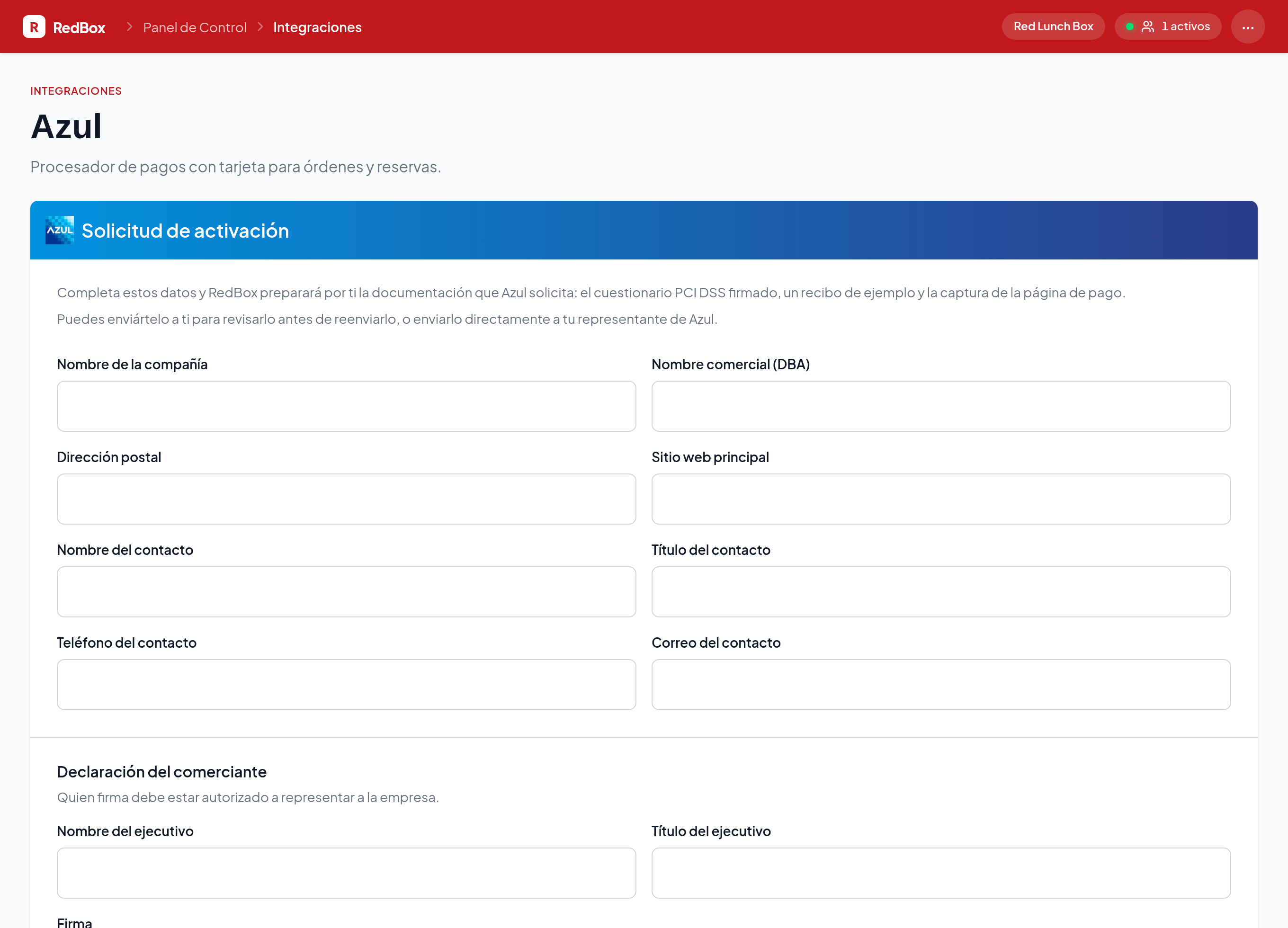 La página Integraciones → Azul en el panel de administración, con la tarjeta Solicitud de activación y sus campos de compañía y contacto.