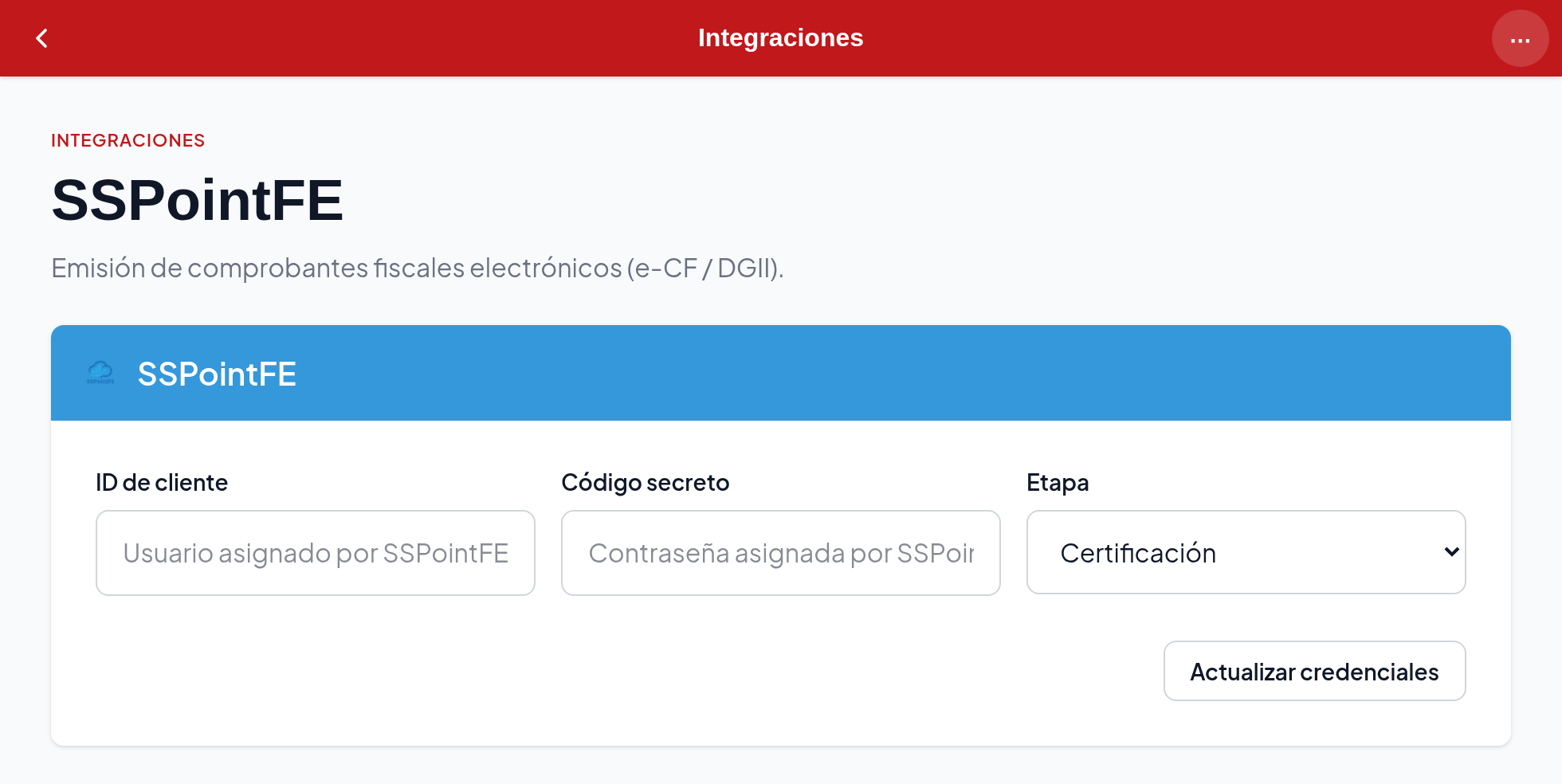 La página Integraciones → SSPointFE en el panel de administración, con los campos ID de cliente, Código secreto y Etapa.
